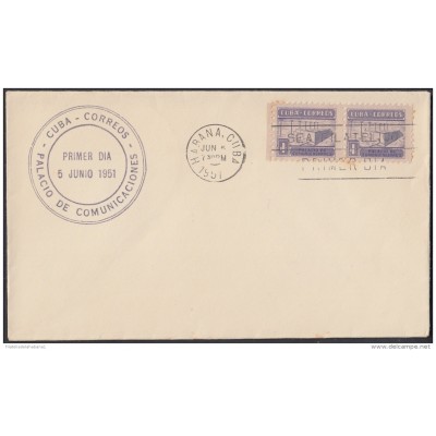 1951-FDC-120 CUBA REPUBLICA. 1951. FDC. PALACIO DE COMUNICACIONES. VIOLET CANCEL.