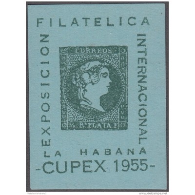 VI-109 CUBA REPUBLICA. CINDIRELLA. 1955 VIÑETA EXPO FILATELICA CUPEX. PHILATELIC EXPO. VERDE SOBRE PAPEL AZUL.
