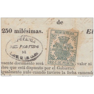 POL-41 CUBA SPAIN ESPAÑA (LG-1051) 1874. 62c. LICENCIA DE VENTA DE ANIMALES. REVENUE POLICE.
