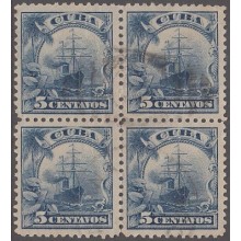 1905-121 CUBA REPUBLICA. 1905. Ed.178. 5c BARCO SHIP. BLOCK 4 USADO.