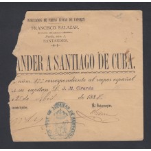 1888-H-1. CUBA ESPAÑA SPAIN. REGISTRO DE EMBARQUE DE SANTANDER A SANTIAGO DE CUBA. CON LACRE AL REVERSO. 1888. 