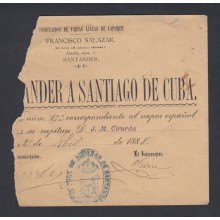 1888-H-1. CUBA ESPAÑA SPAIN. REGISTRO DE EMBARQUE DE SANTANDER A SANTIAGO DE CUBA. CON LACRE AL REVERSO. 1888. 