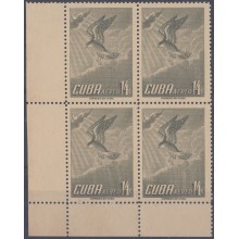 1956-263 CUBA REPUBLICA. 1956 14c AVES BIRD PAJAROS Ed.659 ORIGINAL GUM LIGERAS MANCHAS.BLOCK 4.