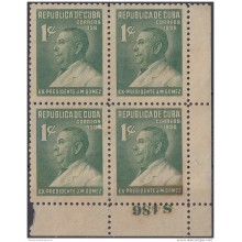 1936-250 CUBA REPUBLICA 1936 Ed.292. 1c JOSE MIGUEL GOMEZ BLOCK 4 PLATE NUMBER SIN GOMA NO GUM.