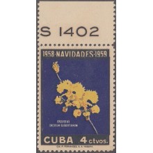 1958-294 CUBA REPUBLICA 1958 Ed.778 CHRISTMAS NAVIDAD ORCHILD ORQUIDEAS PLATE NUMBER. MANCHAS