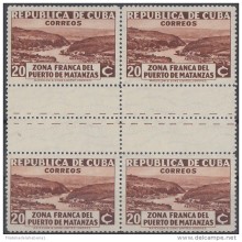 1936-276 CUBA REPUBLICA 1936 Ed. 284 20c ZONA FRANCA DE MATANZAS RIO YUMURY GUTTER PAIR NO GUM BLOCK 4.