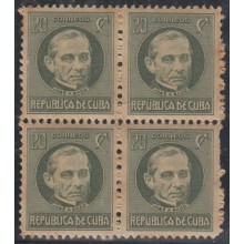 1917-216 CUBA REPUBLICA. 1917-28. 20c JOSE ANTONIO SACO. BLOCK 4 GOMA ORIGINAL.