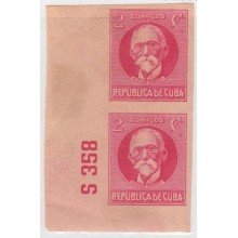 1917-213 CUBA REPUBLICA. 1926. Ed. 215a. 2c MAXIMO GOMEZ IMPERFORATED PAIR PLATE NUMBER S358. GOMA ORIGINAL.