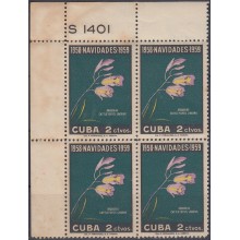 1958-312 CUBA REPUBLICA 1958 Ed.777. 2c NAVIDAD CHRISTMAS PLATE No. ORQUIDEAS ORCHILDS FLOWERS MANCHAS.