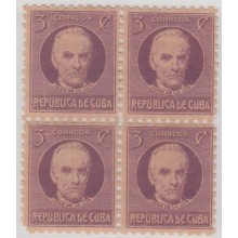 1917-211 CUBA REPUBLICA. 1917-28. 3c JOSE DE LA LUZ Y CABALLERO. BLOCK 4 GOMA ORIGINAL.