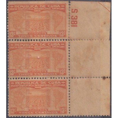 1928-100 CUBA REPUBLICA. 1928. Ed.228. 13c SEXTA CONFERENCIA PANAMERICANA. TABACO TOBACCO PLATE NUMBER MANCHAS.