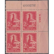 1948-210 CUBA REPUBLICA. 1948. Ed.405. JOSE MARTI PLATE NUMBERS NO GUM BLOCK 4.