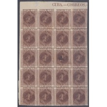 1884-169 CUBA ESPAÑA SPAIN. 1884. Ed.102. 10c CASTAÑO. BLOCK OF 20. IMPERFORATED PROOF MACULATURA BORDE DE HOJA.