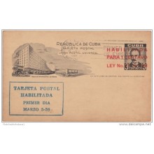1959-EP-53 CUBA 1959 POSTAL STATIONERY JOSE MARTI. Ed.102. HABITILITADO TIPO I. FDC USED.