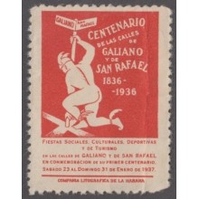 VI-226 CUBA CINDERELLA VIÑETA. 1936. CENTENARIO DE LA CALLE GALIANO Y SAN RAFAEL. DEFECTO DOBLEZ REVERSO.
