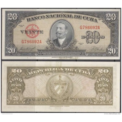 1958-BK-230 CUBA 20 pesos 1958. ANTONIO MACEO. UNC. MANCHAS DE IMPRENTA.