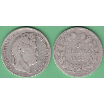 M258 FRANCE SILVER 5fr LOUIS PHILLIPPE I 1833 W. LILLE.