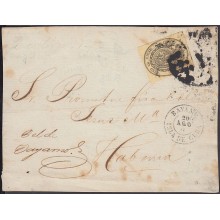 1858-H-188 CUBA SPAIN ESPAÑA. ISABEL II. 1858. 1/2 ONZA FRONTAL DE SOBRE DE LA HABANA A BAYAMO.