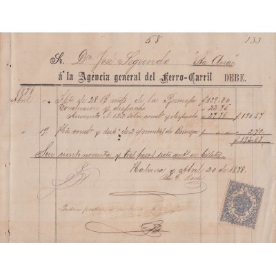 E6043 CUBA SPAIN ESPAÑA COLONIES 1878 RAILROAD INVOICE + REVENUE RECIBOS Y CUENTAS.