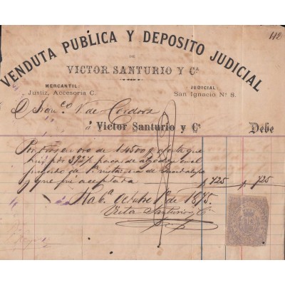 E6044 CUBA SPAIN ESPAÑA COLONIES 1875 INVOICE VENTA PUBLICA + REVENUE RECIBOS Y CUENTAS.