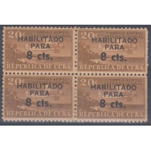 1961.121 CUBA 1961 MNH Ed.885 8c AIR MAIL AVION SURCHARGE BLOCK 4.