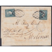 1857-H-300 CUBA ESPAÑA SPAIN. 1857. ISABEL II. 1/2 REAL FALSO TIPO III BORDE DE HOJA. POSTAL FORGERY COVER. USED GUINES