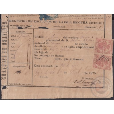 E6216 SPAIN ANT. ESPAÑA 1875. SLAVE SLAVERY IDENTIFICATION CEDULA, POLICE STAMP USED.