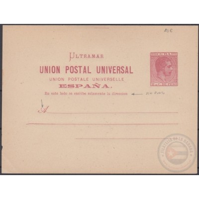 1882-EP-108 CUBA SPAIN ESPAÑA. 1882. ALFONSO XII. Ed.11. POSTAL STATIONERY. UNUSED. SIN PUNTO EN DIRECCION, A ROTA.
