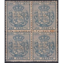 1877-80 CUBA SPAIN 1877. 1 pta. Ed.38. TELEGRAFOS, TELEGRAPH. NO GUM. BLOCK 4.