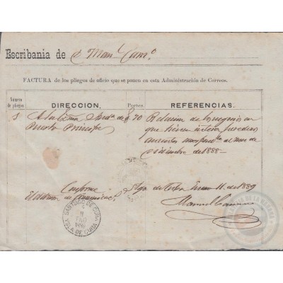 1889-H-240 CUBA SPAIN ESPAÑA (LG1650) 1889 SANTIAGO DE CUBA FACTURA DE CORREOS.