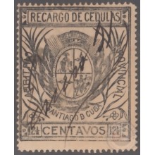 LOC-101 CUBA SPAIN. RECARGO DE CEDULAS. 12 1/2c LOCAL REVENUE SANTIAGO DE CUBA USED.