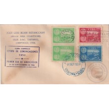 1950-FDC-104 CUBA REPUBLICA 1950 FDC RETIRO DE COMUNICACIONES CRASH RAILROAD FERROCARRIL, VIOLET CANCEL