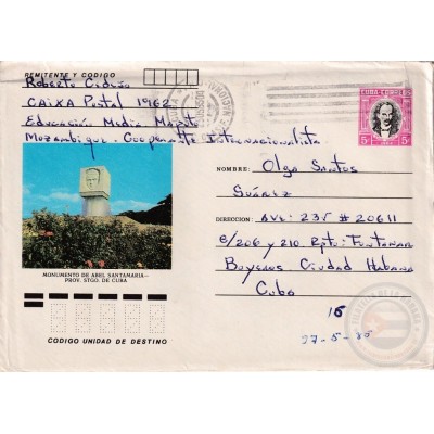 1984-EP-112 CUBA MOZAMBIQUE MAPUTO P.O.BOX 1962 SPECIAL STATIONERY 1984. ABEL SANTAMARIA MONUMENT. WITH LETTER.