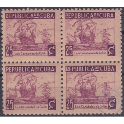 1937-354 CUBA REPUBLICA 1937 Ed.319 25c LM CARABELA SHIP COLON WRITTER & ARTIST. ESCRITORES Y ARTISTAS BLOCK 4.