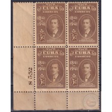 1942-237 CUBA REPUBLICA 1942  Ed.353. 3c IGNACIO AGRAMONTE  BLOCK 4. ORIGINAL GUM PLATE NUMBER.