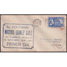 1936-FDC-101 CUBA FDC 5c 1936 BLUE CANCEL CENT. MAXIMO GOMEZ. MATANZAS