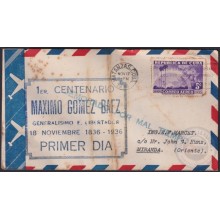 1936-FDC-103 CUBA FDC 5c AIR 1936 BLUE CANCEL CENT. MAXIMO GOMEZ. DEMORADO POR MAL TIEMPO.